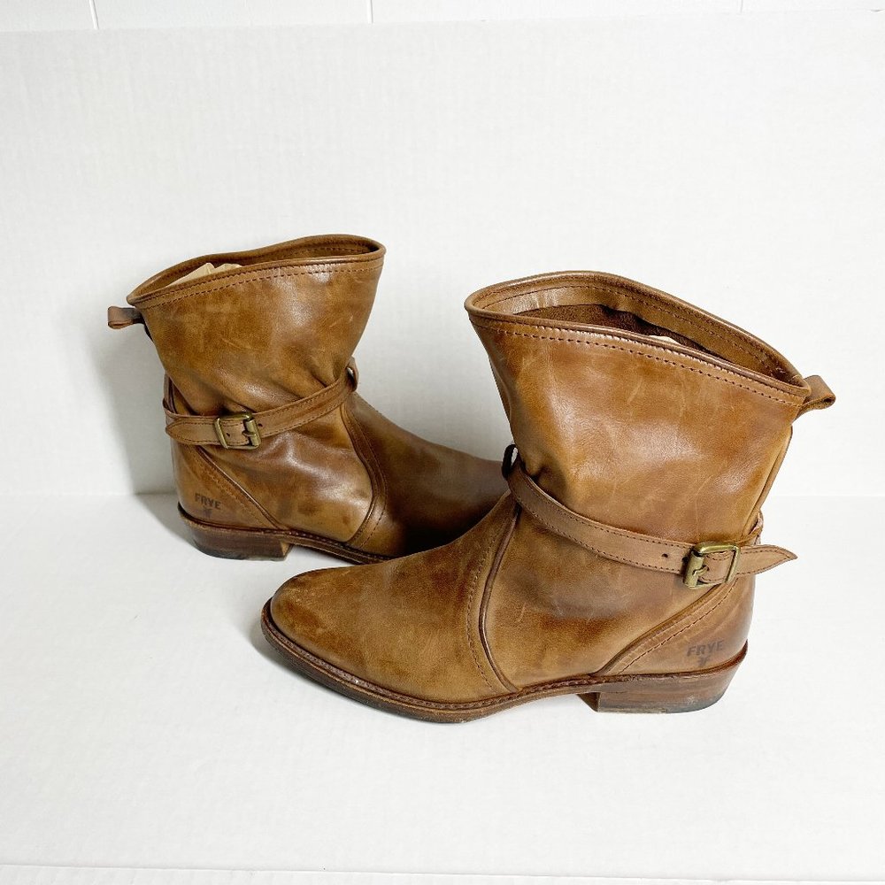Frye Caramel Leather Pull On Ankle Boots with Buckle Detail Size 7